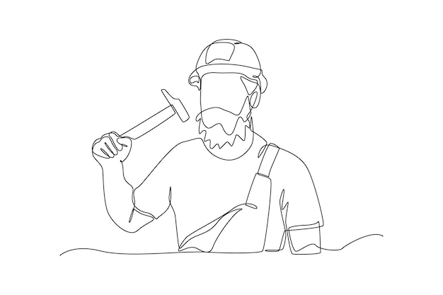 Continuous one line drawing a man construction holding hammer in one hand ready to work Construction and building concept Single line draw design vector graphic illustration