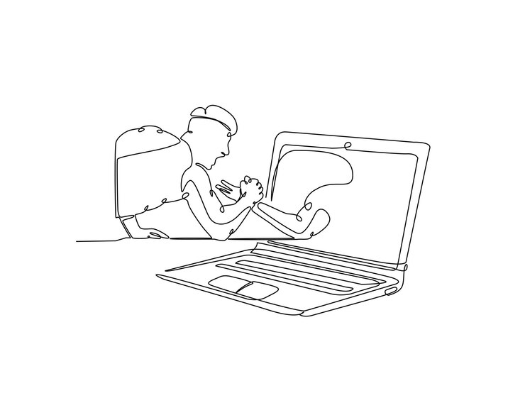 Vector continuous one line drawing of man fight arm wrestling with hand coming out from laptop