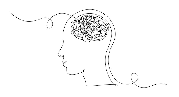 Disegno continuo a una linea della testa dell'uomo con pensieri disordinati preoccupati per la cattiva salute mentale