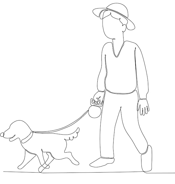 Continuous one line drawing of man holding dog leash while walking. Vector illustration