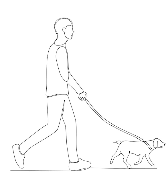 Continuous one line drawing of man holding dog leash while walking. vector illustration