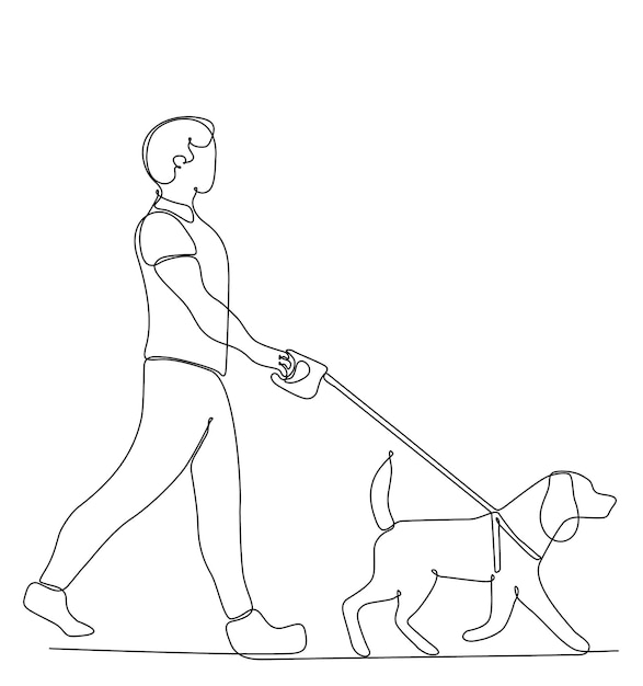 Continuous one line drawing of man holding dog leash while walking. Vector illustration