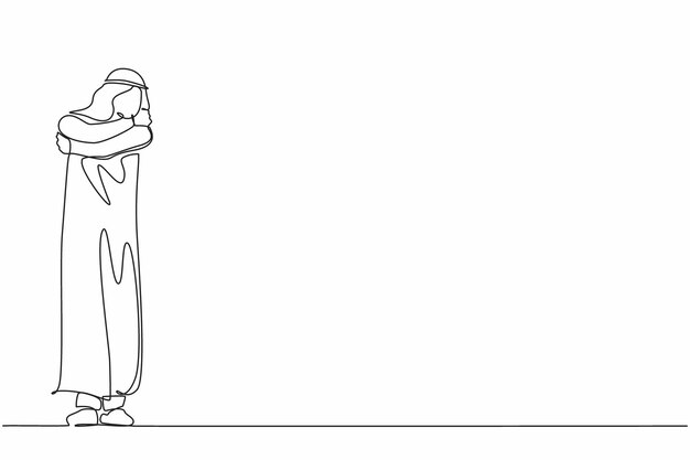 Vector continuous one line drawing man hugging himself with positive emotion a arabian guy hugging himself