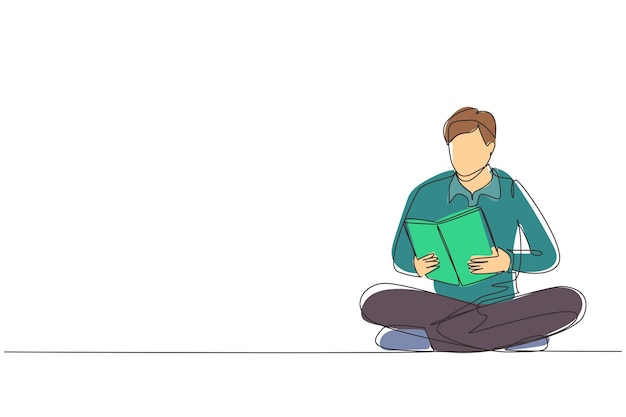 벡터 연속적인 한 줄의 그림을 그리는 남자가 바닥에 앉아서 시험 디자인 터를 준비하는 책을 읽고 있습니다.