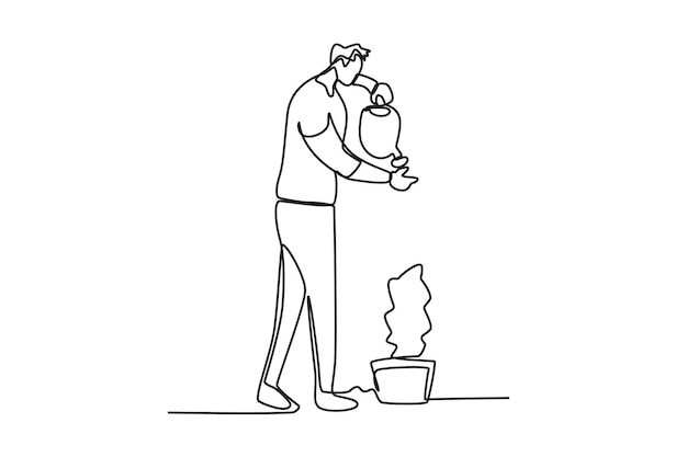 Continuous one line drawing a man is watering a plant