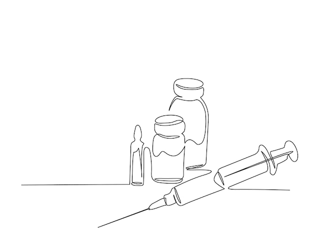 Vettore disegno continuo di una linea di siringa medica e fiala vaccino e siringa per iniezione illustrazione vettoriale della linea artistica tratto modificabile
