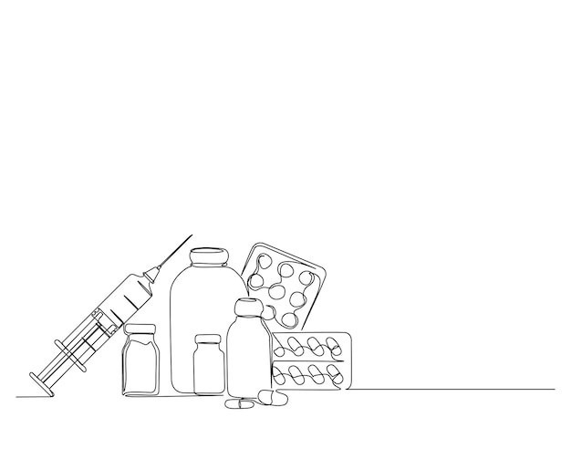 Vettore disegno continuo di una linea del farmaco nella siringa medica fiala compressa capsula pillole farmaci illustrazione vettoriale del contorno