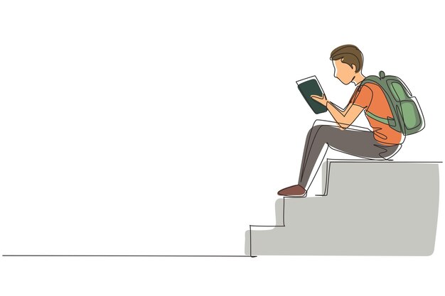 Непрерывный рисунок одной линии современного молодого человека, читающего книгу, сидящего на лестнице. Дизайн векторной графики.