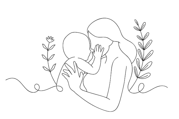 Disegno continuo di una linea della madre che tiene in braccio il suo bambino in stile art line di maternità vettoriale festeggia