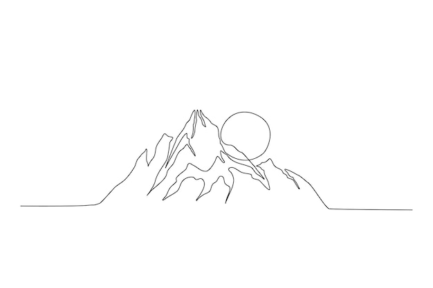 Vector continuous one line drawing of mountain landscape high mounts with sun design editable stroke