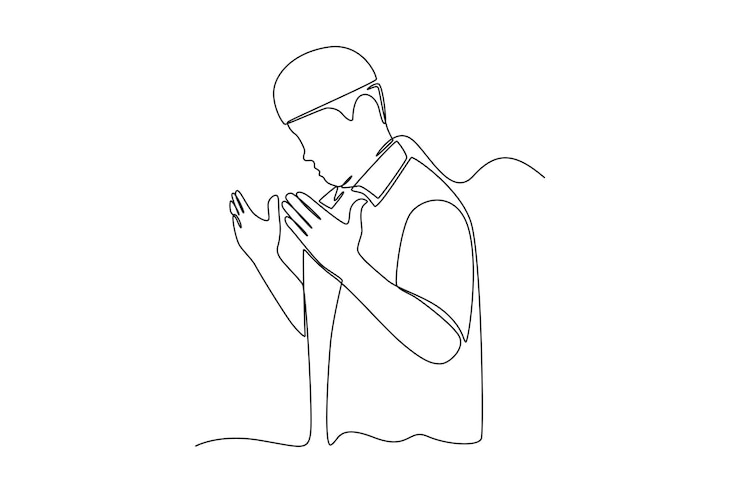 Vector 연속 한 선 그리기 이슬람 남자가 손으로 기도하는 라마단 개념 단일 선 그리기 디자인 벡터 그래픽 그림