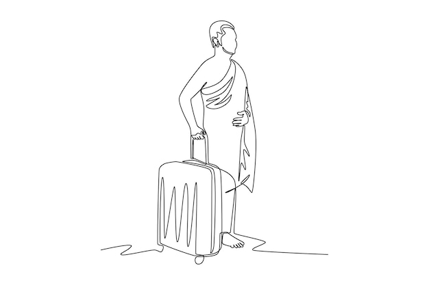 Continuous one line drawing a muslim with his ihram dress getting ready to go to pilgrimage carrying a suitcase hajj and umrah concept single line draw design vector graphic illustration