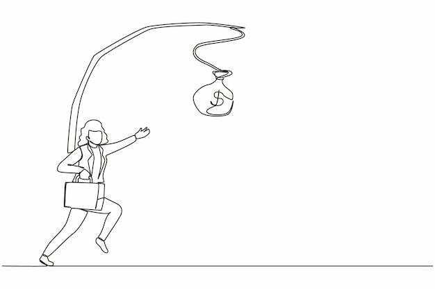 Continuous one line drawing oblivious businesswoman chasing bag of money Artwork illustration