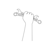 Непрерывный рисунок одной линии и удерживание гаечных ключей мужская рука держит гаечные ключи простой линейный векторный дизайн