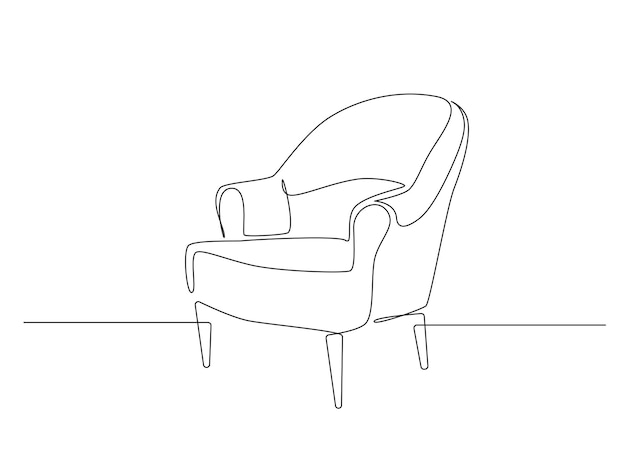 シンプルな線形スタイルの落書きでアームチェアスカンジナビアのスタイリッシュな家具の連続一線画...