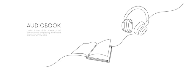 Вектор Непрерывный рисунок одной линии аудиокниги концепция онлайн-сервиса наушники устройства и открытая книга для библиотеки символов в простом линейном стиле редактируемый штрих doodle очертание векторной иллюстрации