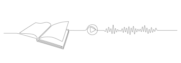 벡터 오디오북 온라인 서비스 컨셉의 연속적인 일선 그림: 간단한 선형 스타일의 기호 라이브러리를 위해 목소리 파동으로 책과 사운드바를 열어 편집 가능한 스트로크 도들 트 터 일러스트레이션