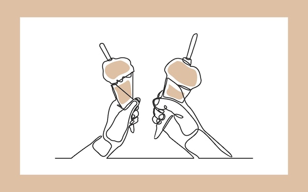 신선한 아이스크림 콘 벡터 삽화를 들고 있는 부부 손의 연속적인 한 선 그리기