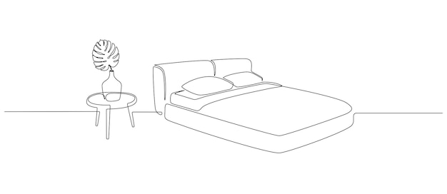 モンステラの葉と花瓶とダブルベッドとテーブルの連続一線画シンプルな線形スタイルの睡眠寝室のためのスカンジナビアのスタイリッシュな家具編集可能なストローク落書きベクトルイラスト