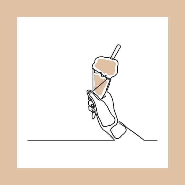 맛있는 신선한 아이스크림 콘 벡터 삽화를 들고 있는 손의 연속적인 한 선 그리기