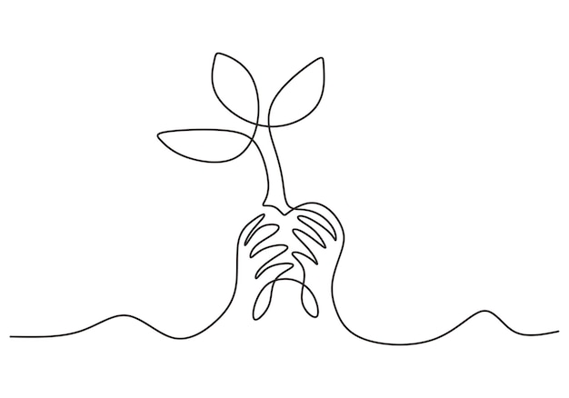 白い背景に分離された自然のテーマに戻って説明するために植物を保持している人間の手の連続的な 1 つの線画 成長と愛の地球の概念 ベクトル ミニマリズム デザイン