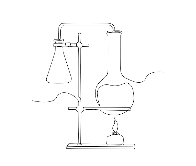 実験室の試験管とガラス製品の連続1線画 実験装置のシンプルなイラスト 線画ベクトルイラスト