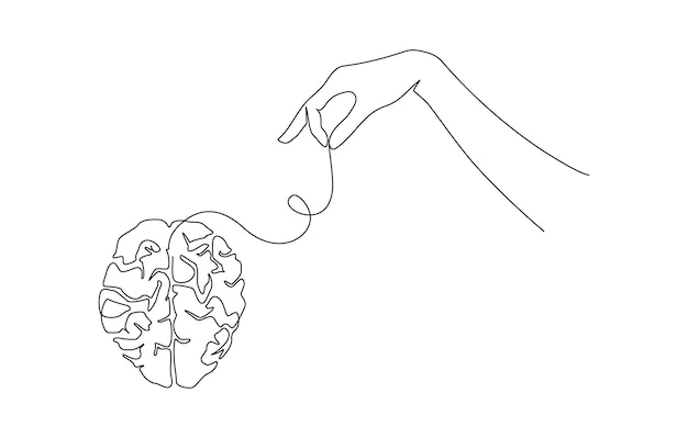 ベクトル 精神健康の概念を手と人間の脳で連続して一線で描く シンプルな線形スタイルで清潔な心と脳の病気のシンボル 編集可能なストローク ドゥードル ベクトルイラスト