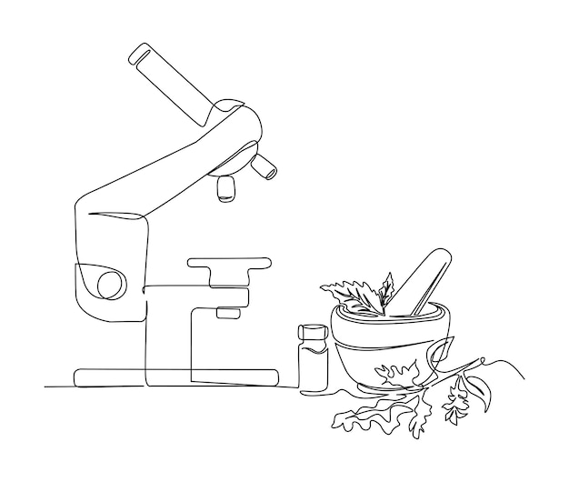 Вектор Непрерывный рисунок одной линии микроскопа и раствора простая иллюстрация лаборатории микроскопа и векторной иллюстрации линии пестика