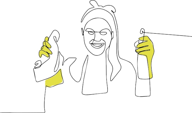 Вектор Непрерывный однолинейный рисунок чистильщика пинап или домработницы в униформе, держащей бутылку супа и тряпку