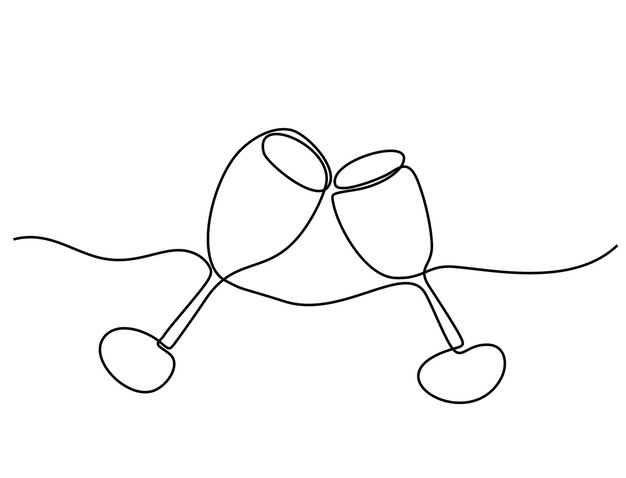 벡터 두 컵의 레드 와인을 연속적으로 한 줄로 그린 미니멀리즘적인 선형적인 축제 개념