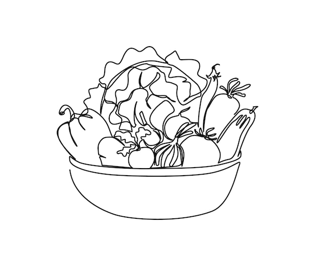 Непрерывный рисунок одной линии овощей на миске овощи нарисованы вручную одной линией векторной иллюстрации искусства