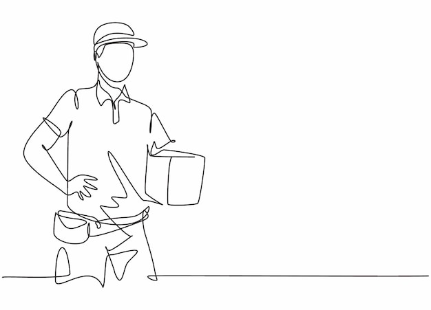 Непрерывный однолинейный рисунок молодого курьера, держащего коробку для доставки покупателю