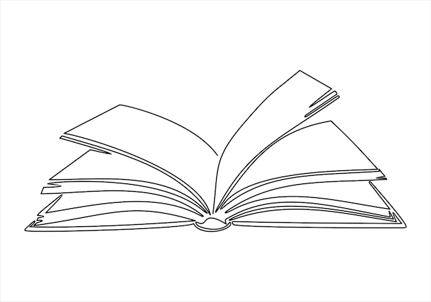 Continuous one line drawing of an open book with flying pages.