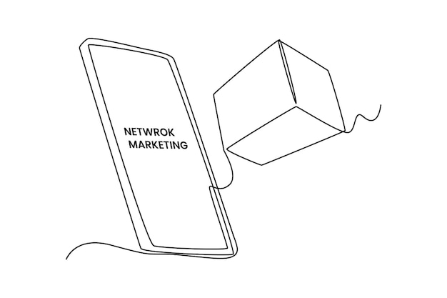 연속 한 선 그리기 스마트폰 화면 네트워크 마케팅 개념에서 패키지 상자 한 줄 그리기 디자인 벡터 그래픽 그림