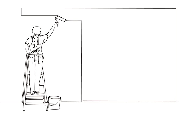 ベクトル 階段の上に立っている画家が壁を描いている女性がペイントローラーを握っている