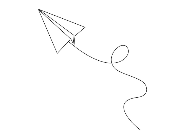 白い背景のベクトルイラストに隔離された紙の飛行機の連続した1行の絵