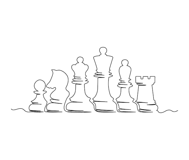 Single one line drawing chess pieces aligned, luxury hand drawn or  engraving. King, Queen, Bishop, Knight, Rook, Pawn. Leader success concept.  Continuous line draw design graphic vector illustration Stock Vector