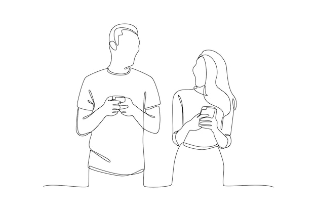 Continuous one line drawing People holding using mobile phones Characters with smartphones in hands concept Doodle vector illustration