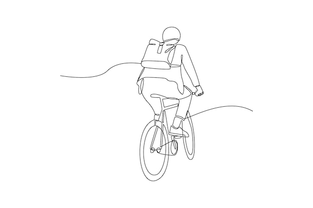 Continuous one line drawing People riding bikes on city street concept Doodle vector illustration