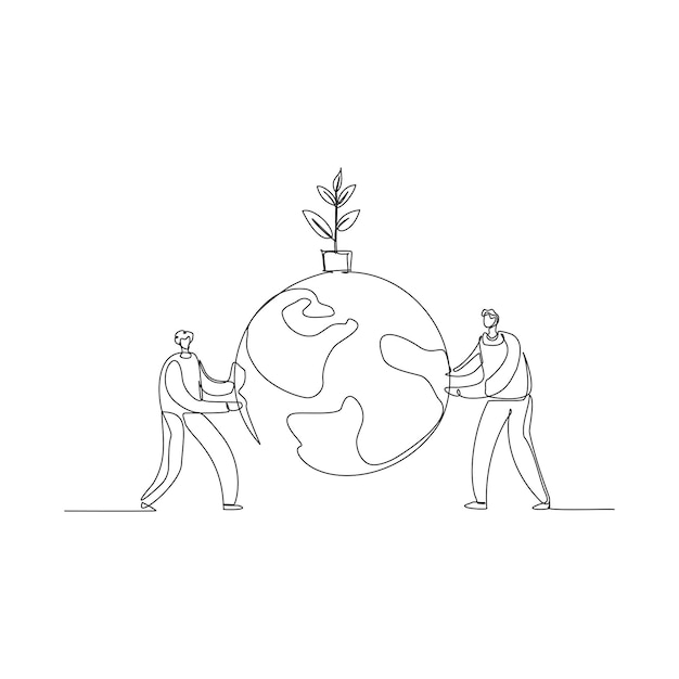 Continuous one line drawing of people working with earth globe Vector illustration