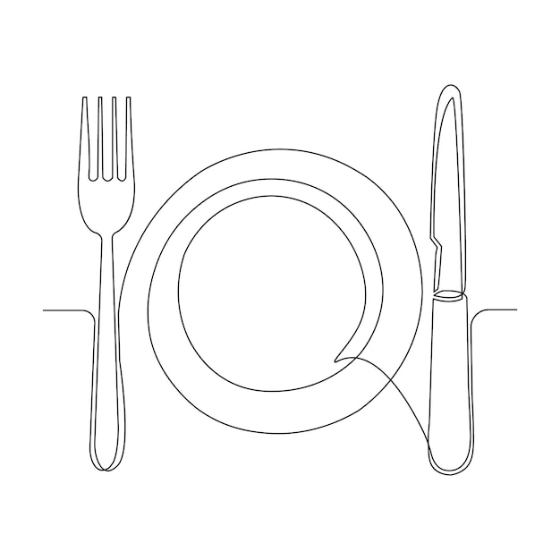 Continuous one line drawing of plate knife and fork hand drawn doodle vector art illustration