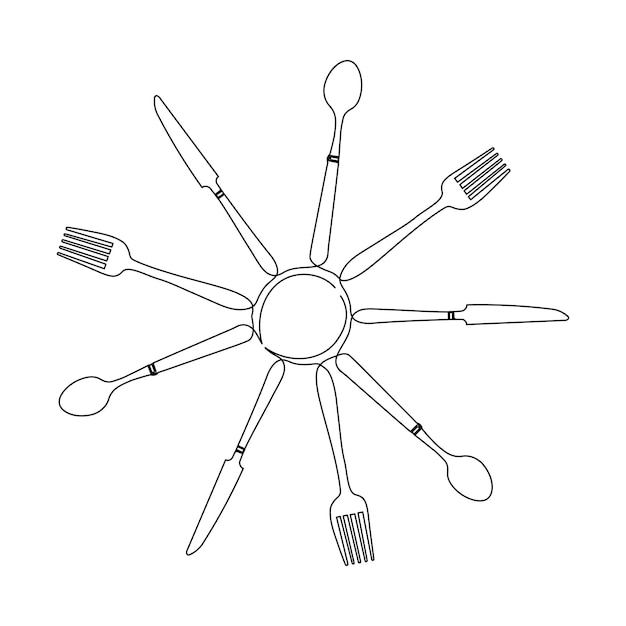 Continuous one line drawing of plate knife and fork hand drawn doodle vector art illustration