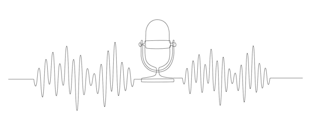 Continuous one line drawing of podcast microphone and sound wave with different amplitude Vintage mike in simple linear style for banner music webinar online training Doodle vector illustration