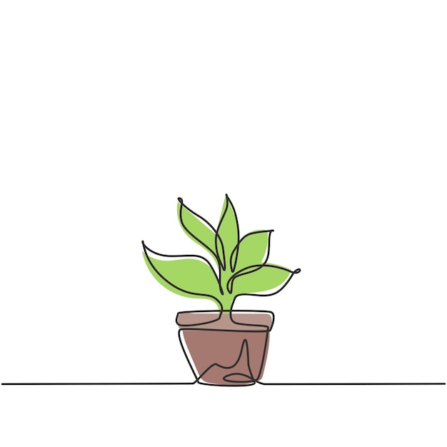 Непрерывный однолинейный рисунок горшечных растений с пятью растущими листьями используется для декоративных растений.