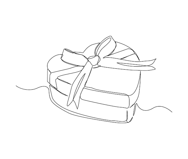 Continuous one line drawing of present box shapped love heart Presents cardboard box with ribbon single line art vector design Holiday birthday new year and thanksgiving concept