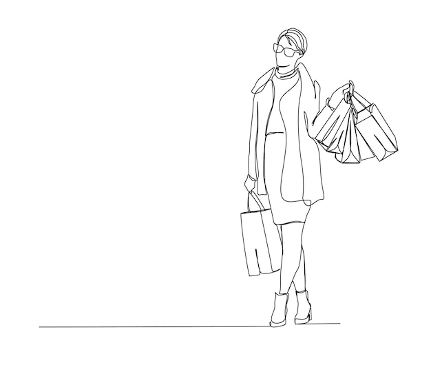 Continuous one line drawing of pretty woman holding paper bags after shopping simple shopping and fashion concept line art vector illustration