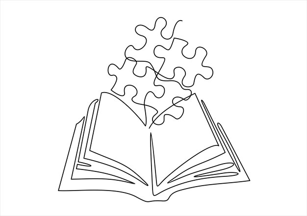 Disegno continuo di una linea di puzzle e libro aperto può essere utilizzato per la presentazione di diapositive dell'emblema del logo