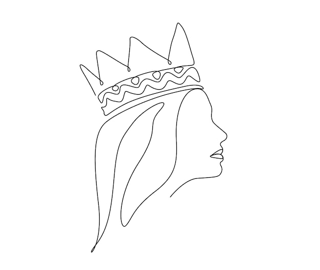 Continuous one line drawing of queen and crown simple queen tiara outline design editable active stroke vector