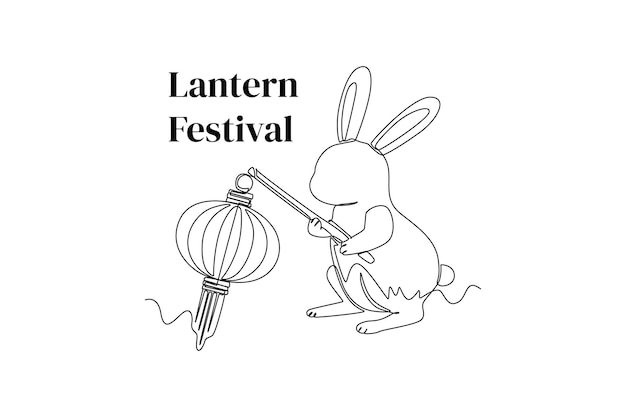 Continuous one line drawing rabbit holding lantern lantern festival concept single line draw design vector graphic illustration
