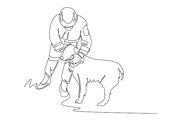 Vector continuous one line drawing of rescue team helps dog saving lives or emergency accident health care teamwork single line draw design vector illustration